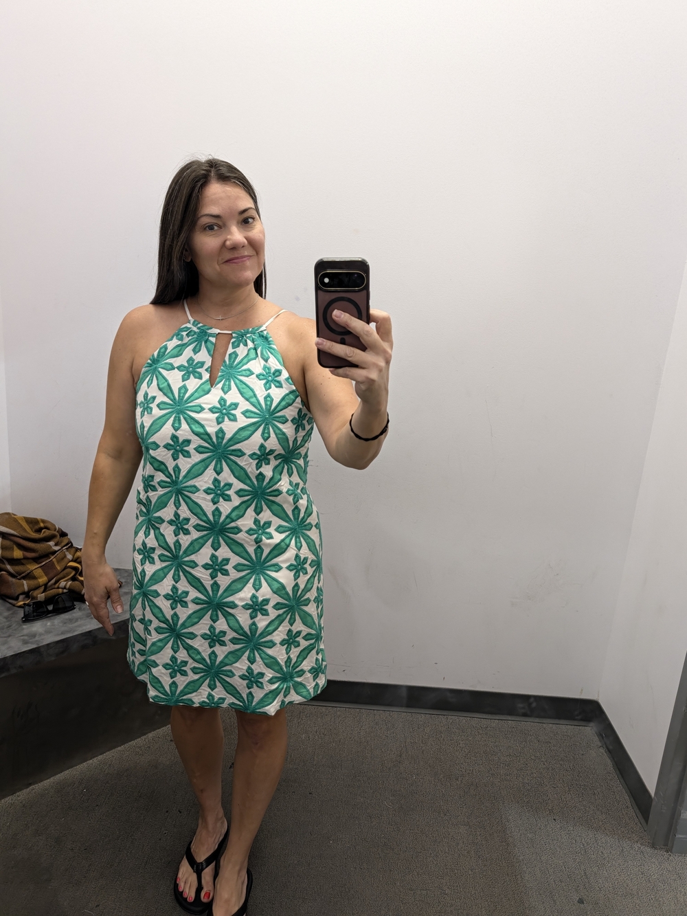 SKIES ARE BLUE Green White Embroidered Halter Mini Dress Shift Size M Boho